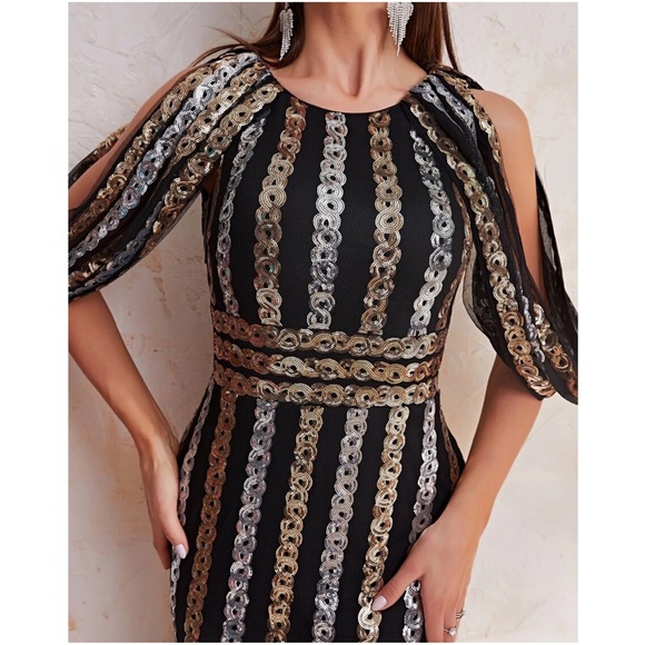 Luxe Cold shoulder sequin Evening Formal Black Tie Wedding Dress - Picture 6 of 9